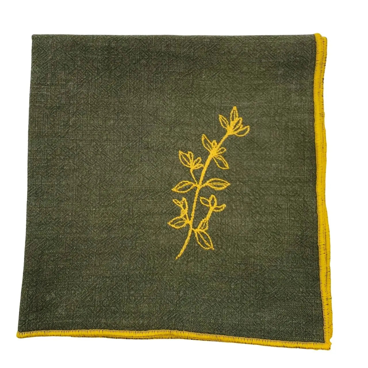 Serviette en lin lavé couleur vert safari, finition dorée_brodée d'une plante aromatique