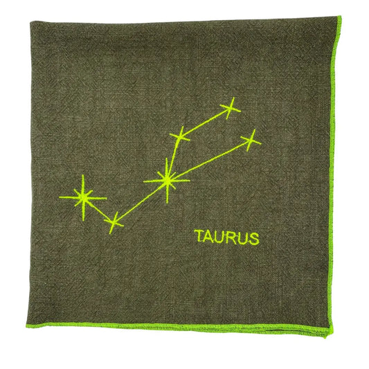 Serviette en lin lavé vert safari brodée_Constellation du Zodiaque