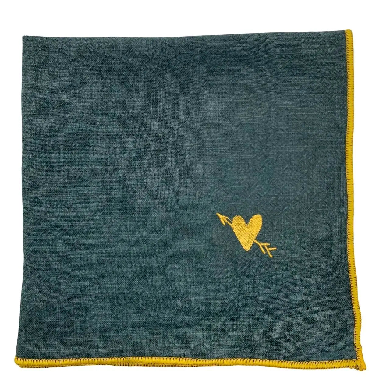 Serviette en lin lavé couleur Vert Forêt, finition dorée collection Coeur