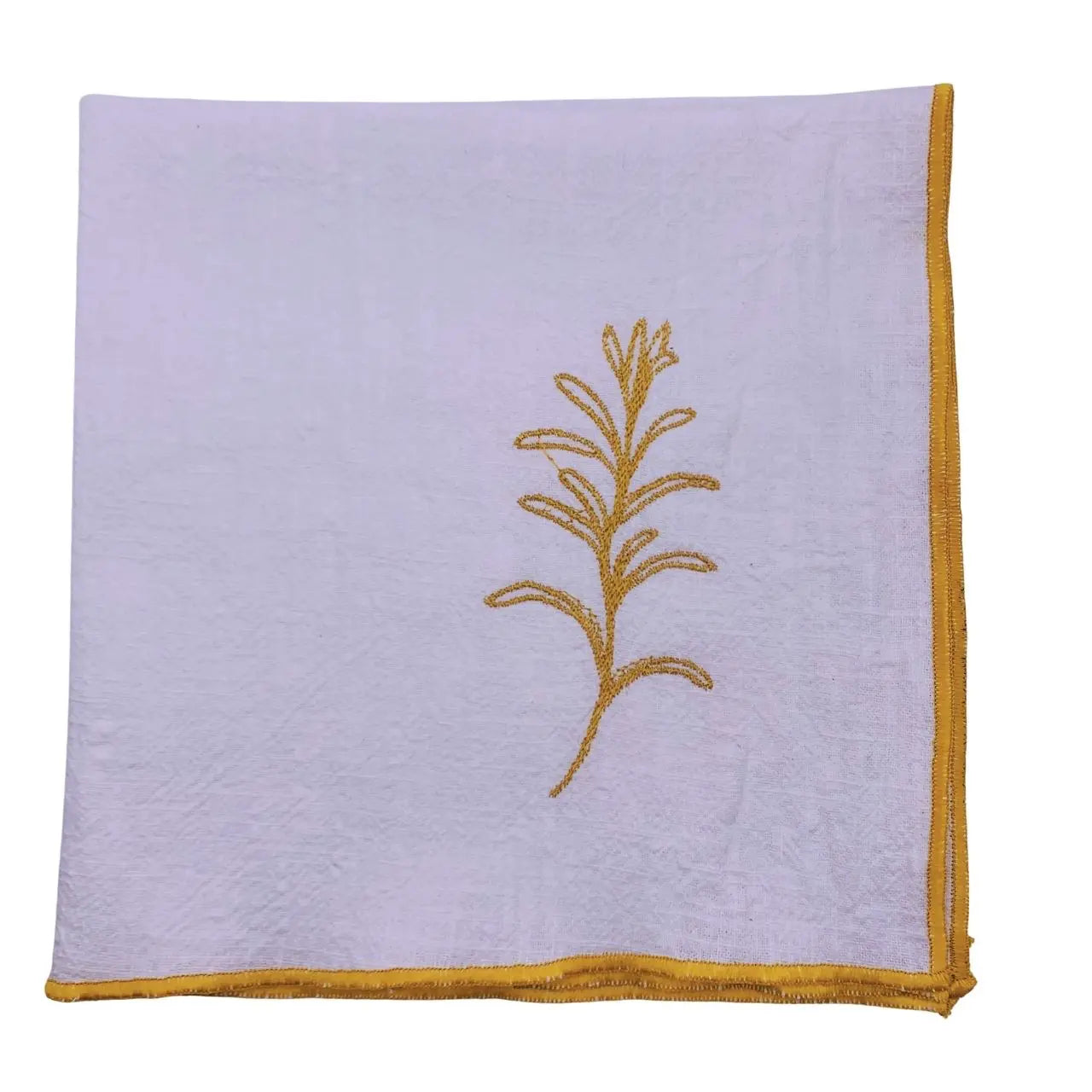 Serviette en lin lavé couleur blanc finition dorée_brodée d'une plante aromatique