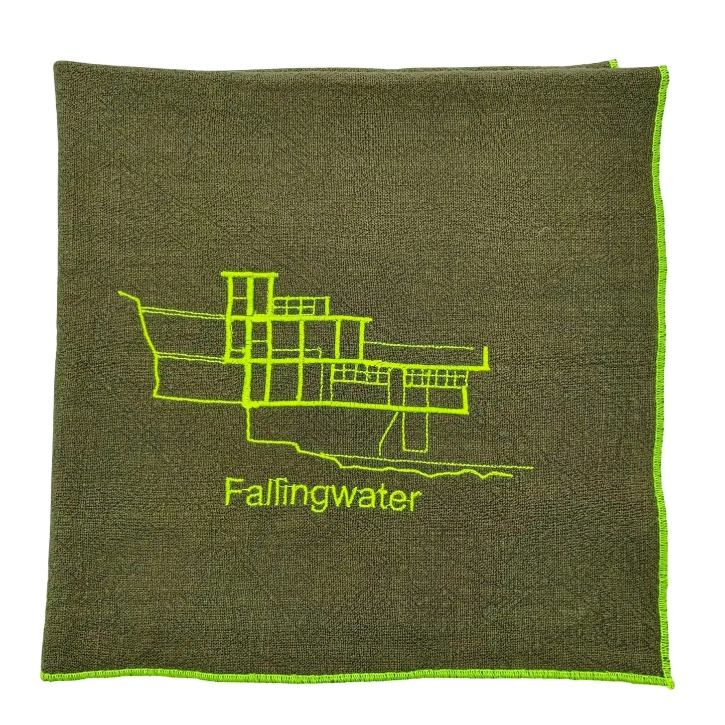Serviette en lin lavé couleur vert safari brodée du plan du celebre projet d'architecture Fallingwater_vue produit