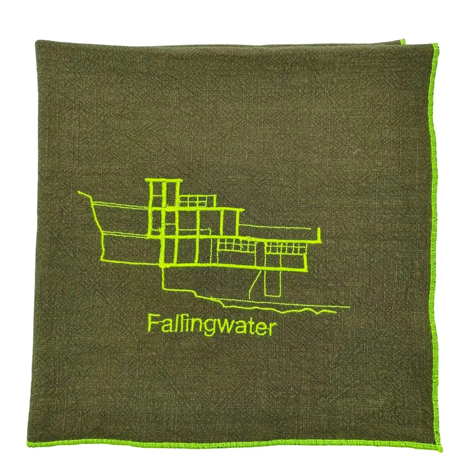 Serviette en lin lavé couleur vert safari brodée du plan du celebre projet d'architecture Fallingwater_vue produit