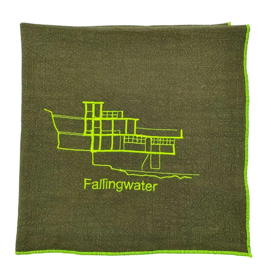 Serviette en lin lavé couleur vert safari brodée du plan du celebre projet d'architecture Fallingwater_vue produit