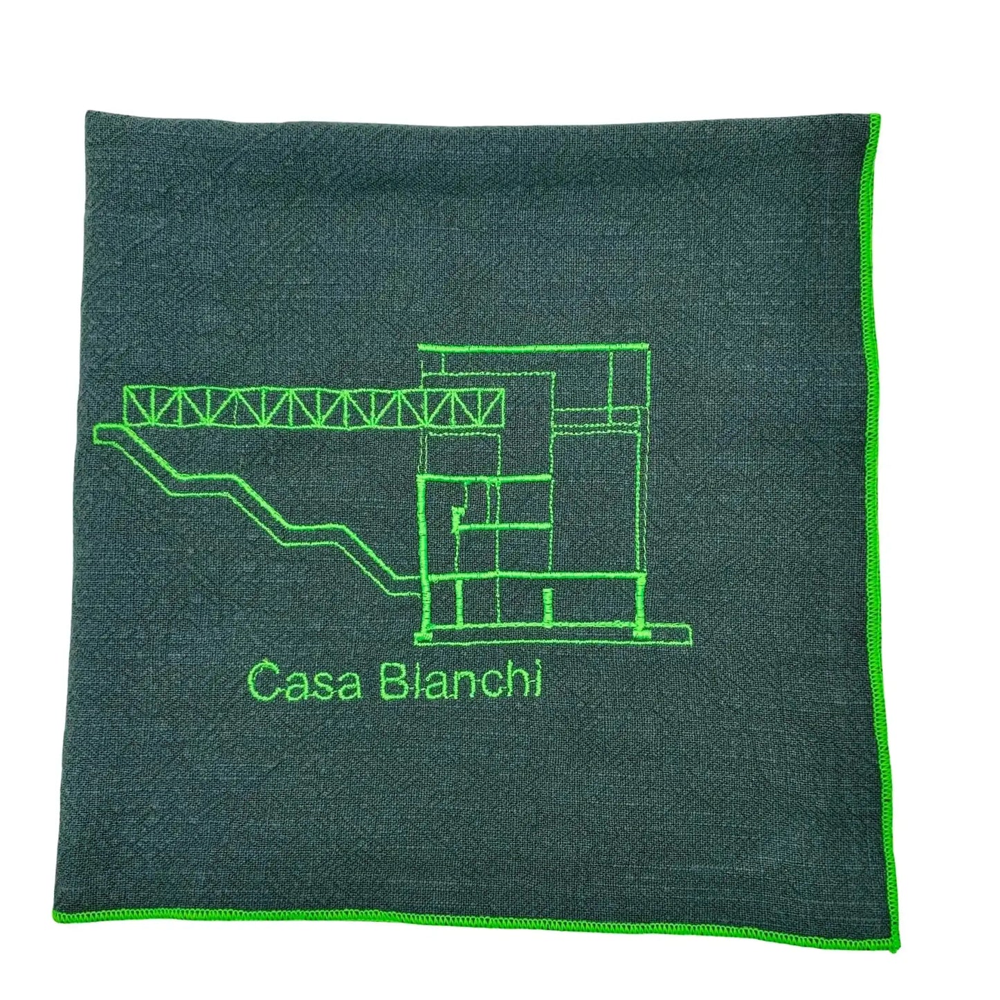 Serviette en lin lavé vert forêt_brodée d'un plan d'architecture