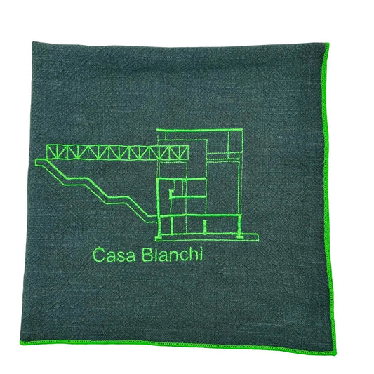 Serviette en lin lavé vert forêt_brodée d'un plan d'architecture