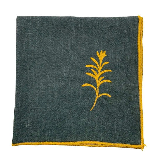 Serviette en lin lavé couleur vert forêt, finition dorée_brodée d'une plante aromatique
